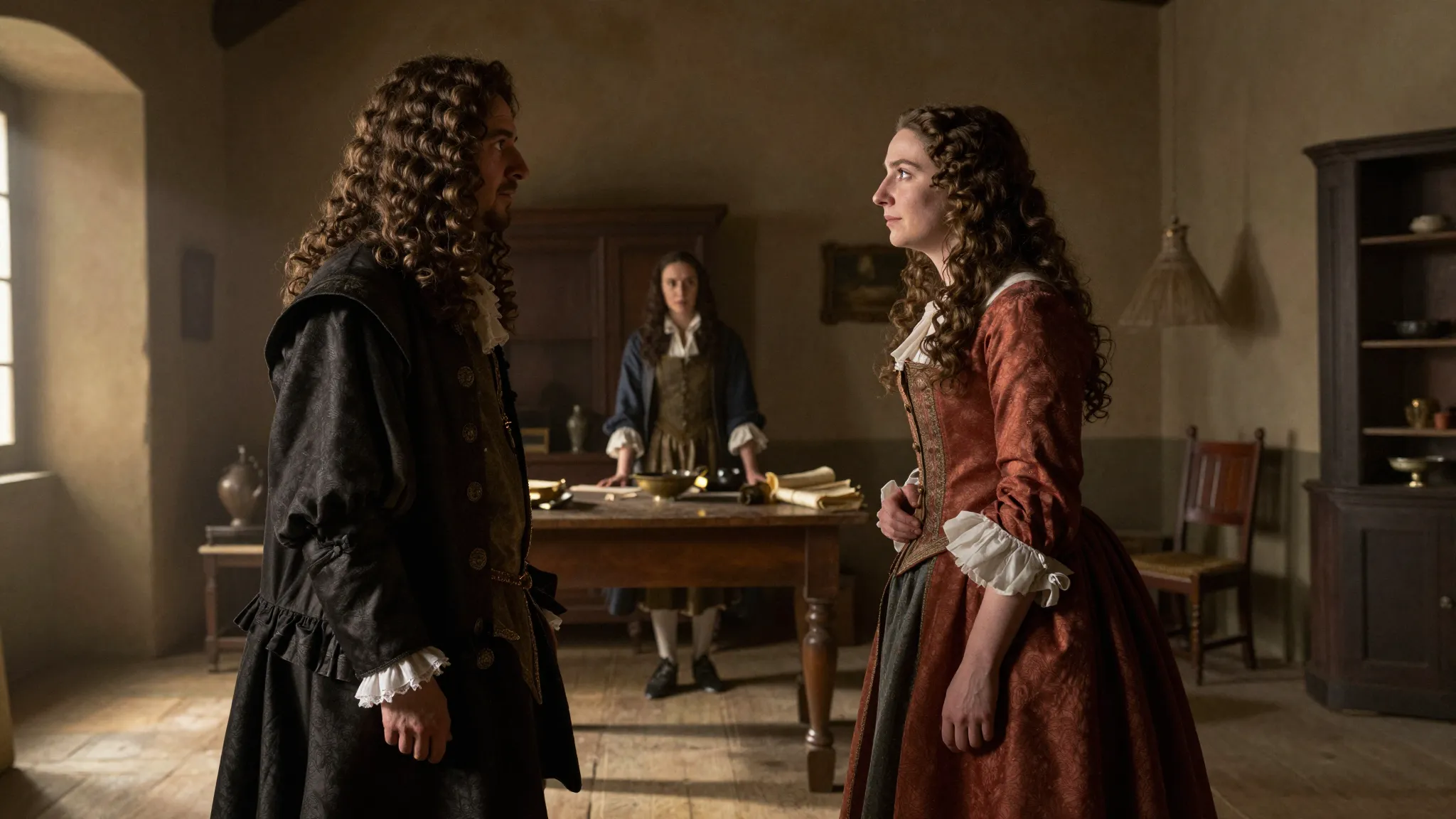 17th century French village interior, dramatic lighting, a n...