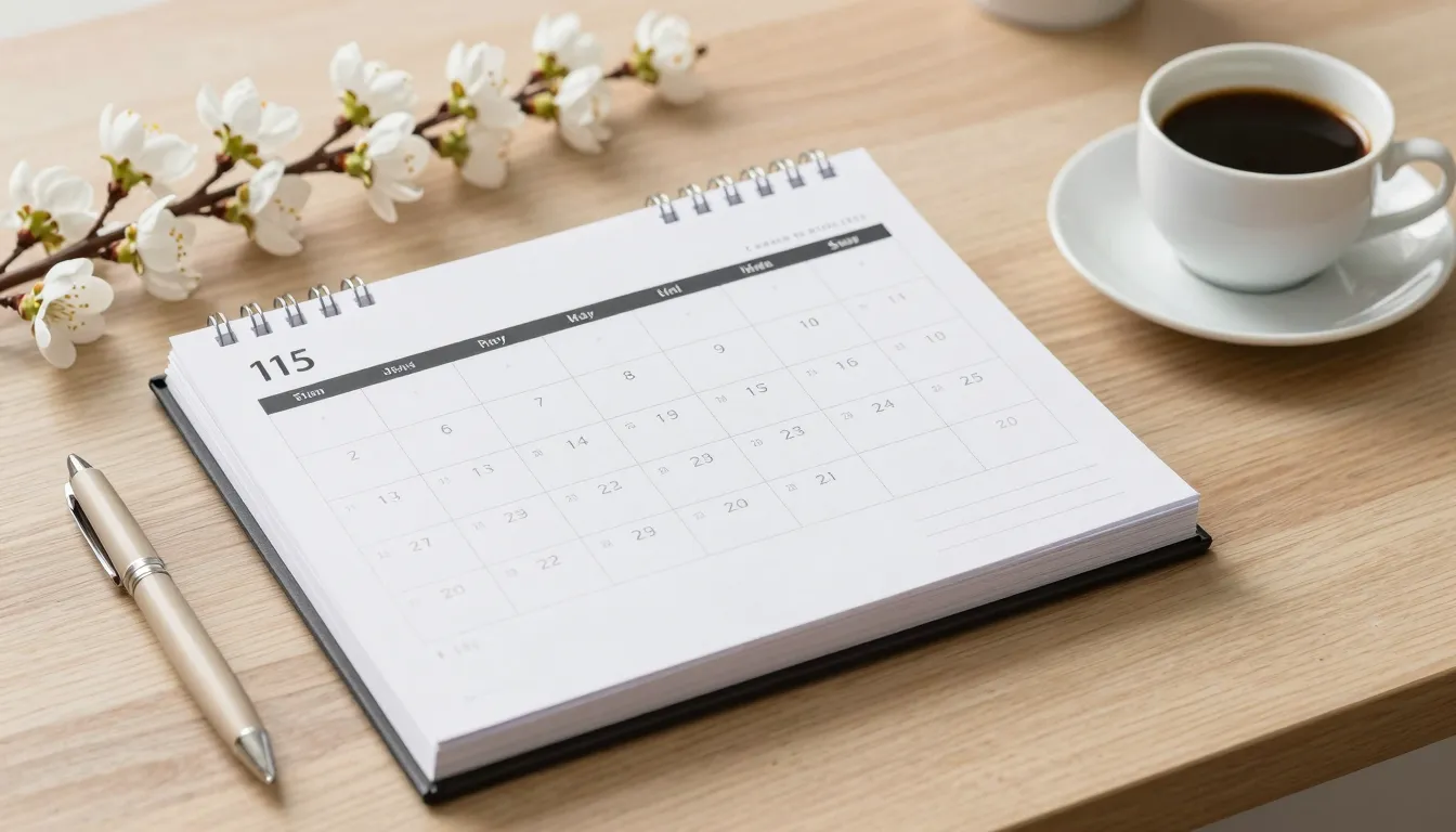 Elegant calendar planner on a wooden desk with a cup of coff...