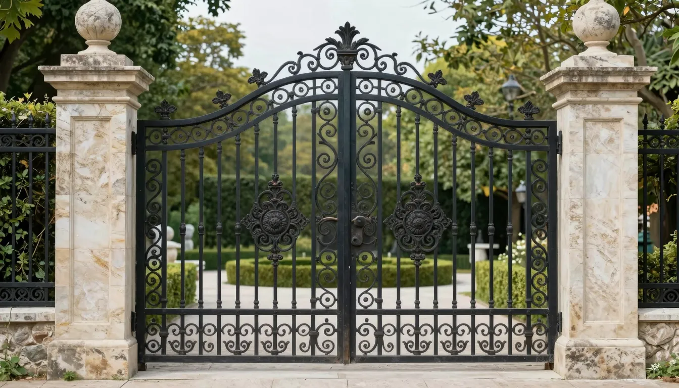 Elegant wrought iron gate with classical ornaments, stone pi...