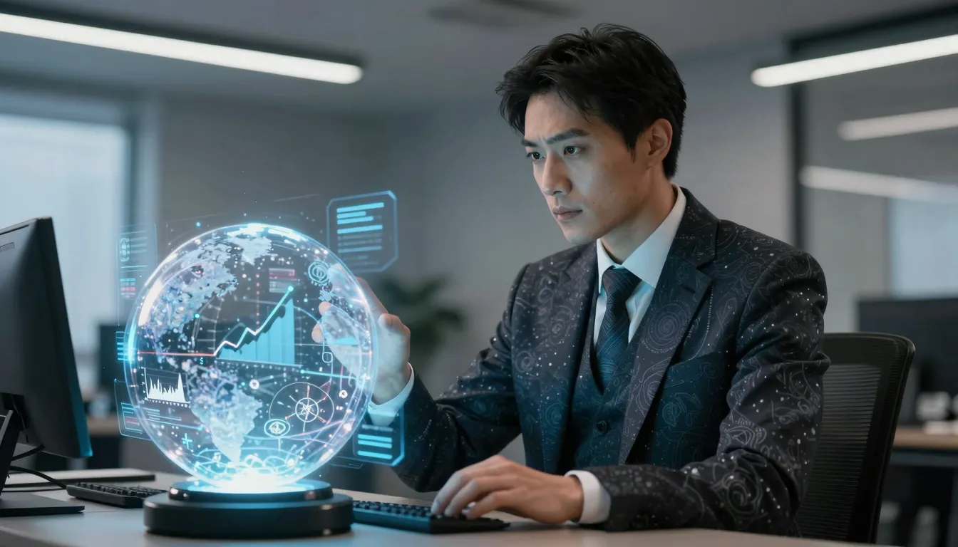 A professional wizard in a modern office setting, wearing a ...