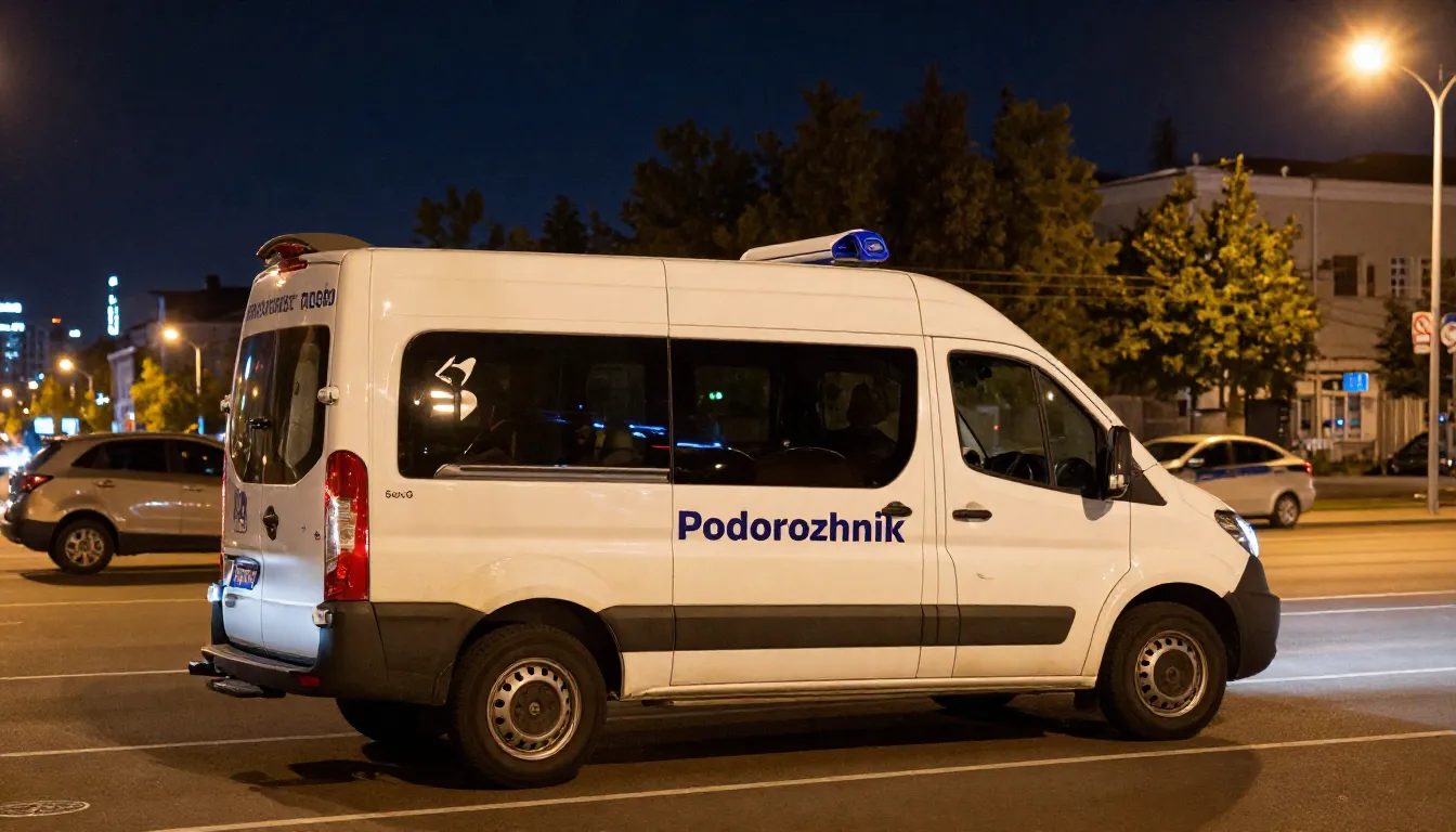 A professional roadside assistance van with 'Podorozhnik' br...