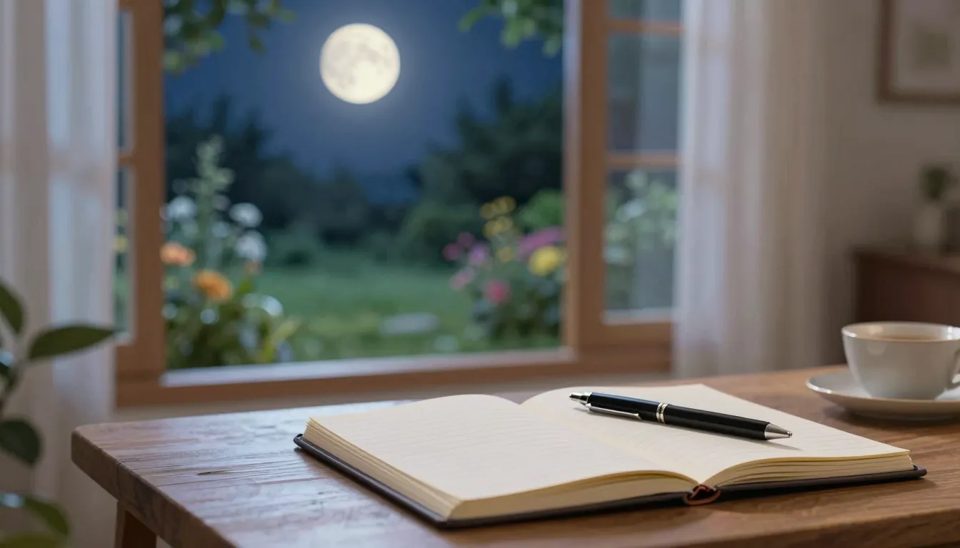 A cozy aesthetic room with a view of a summer garden at nigh...
