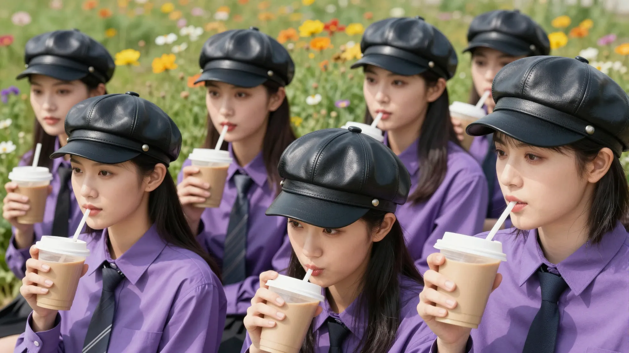 Group of 5 stylish Chinese women in a field of flowers, havi...