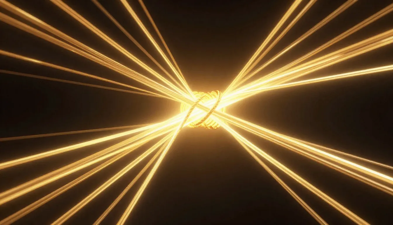 Abstract representation of unity: many glowing golden thread...