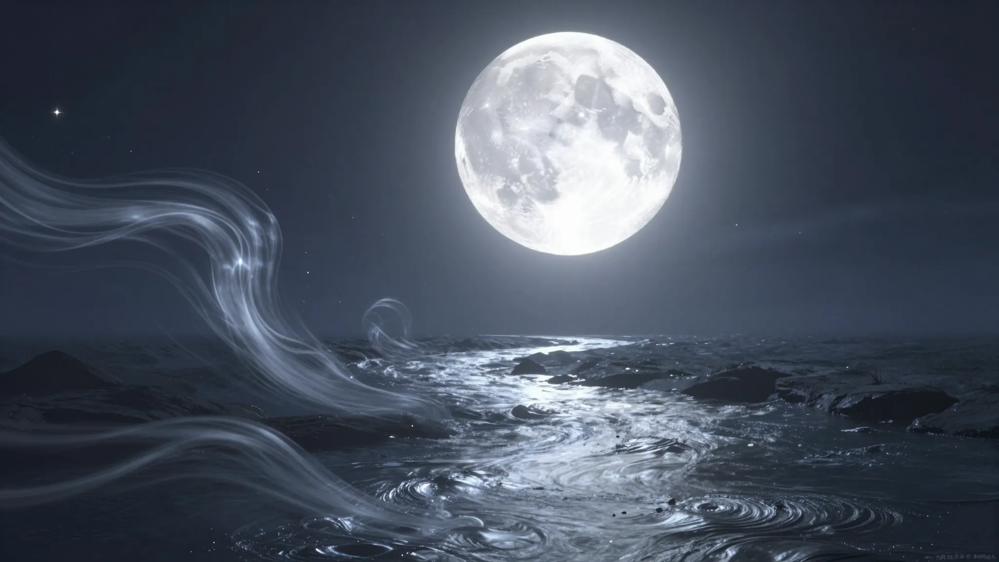 A mystical night scene with a large, radiant moon casting si...