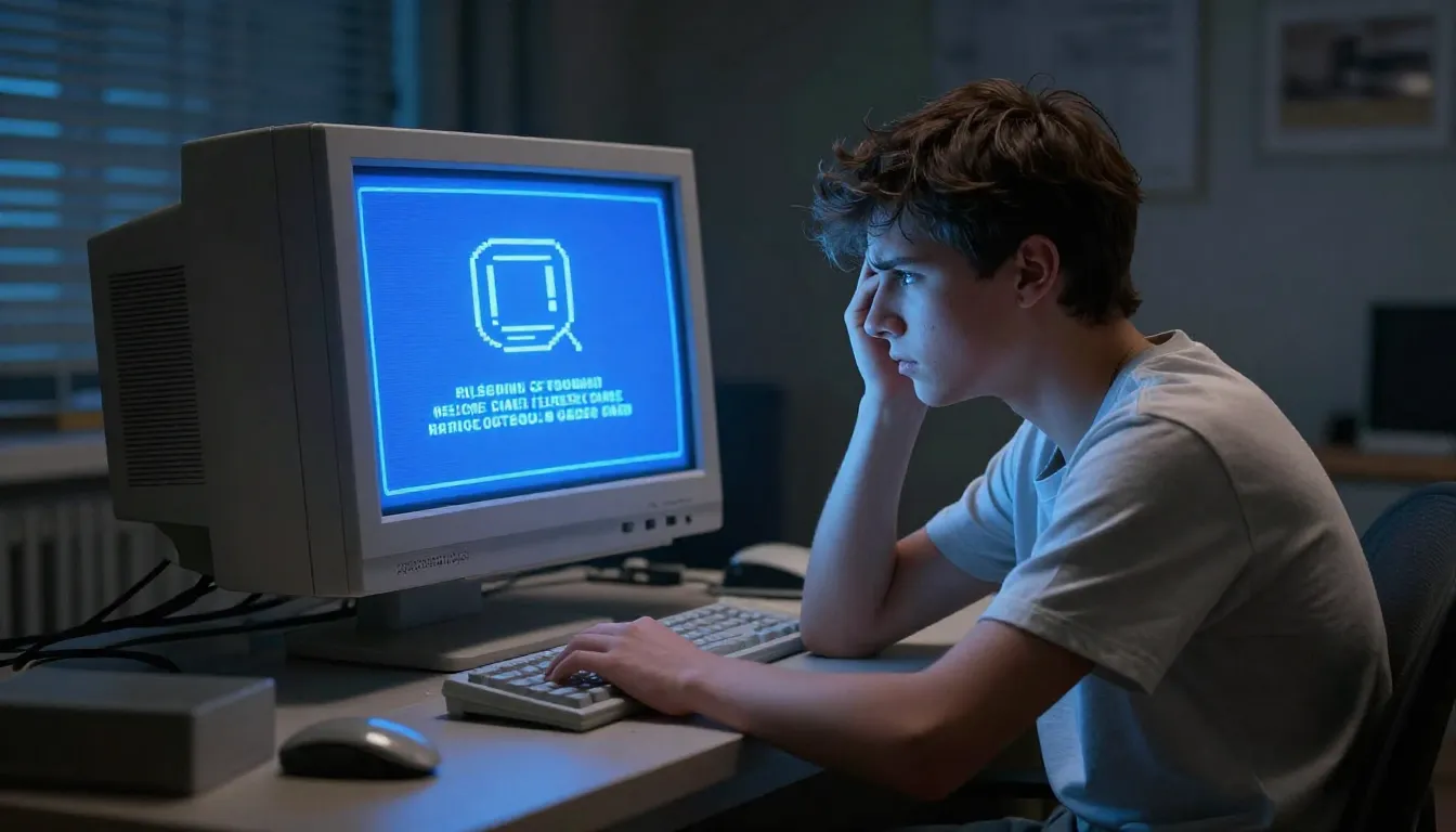 A frustrated teenager sitting in front of a broken computer ...