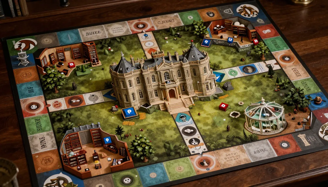 A game board design for a murder mystery, floor plan of a Vi...