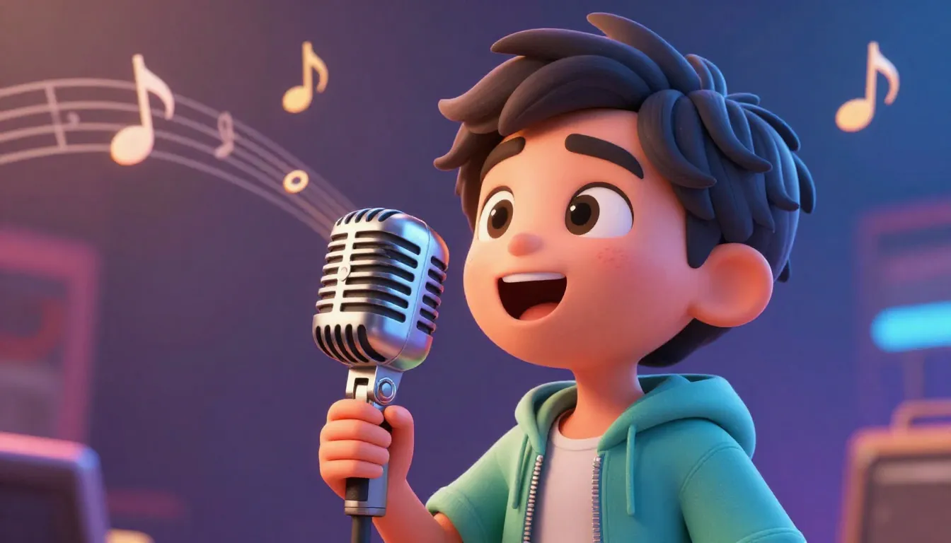 A high-quality 3D animation style character singing into a v...