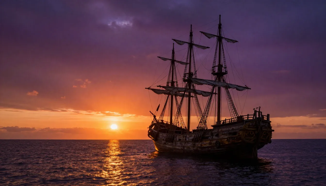 A lonely, ancient wooden ship at the edge of the world durin...