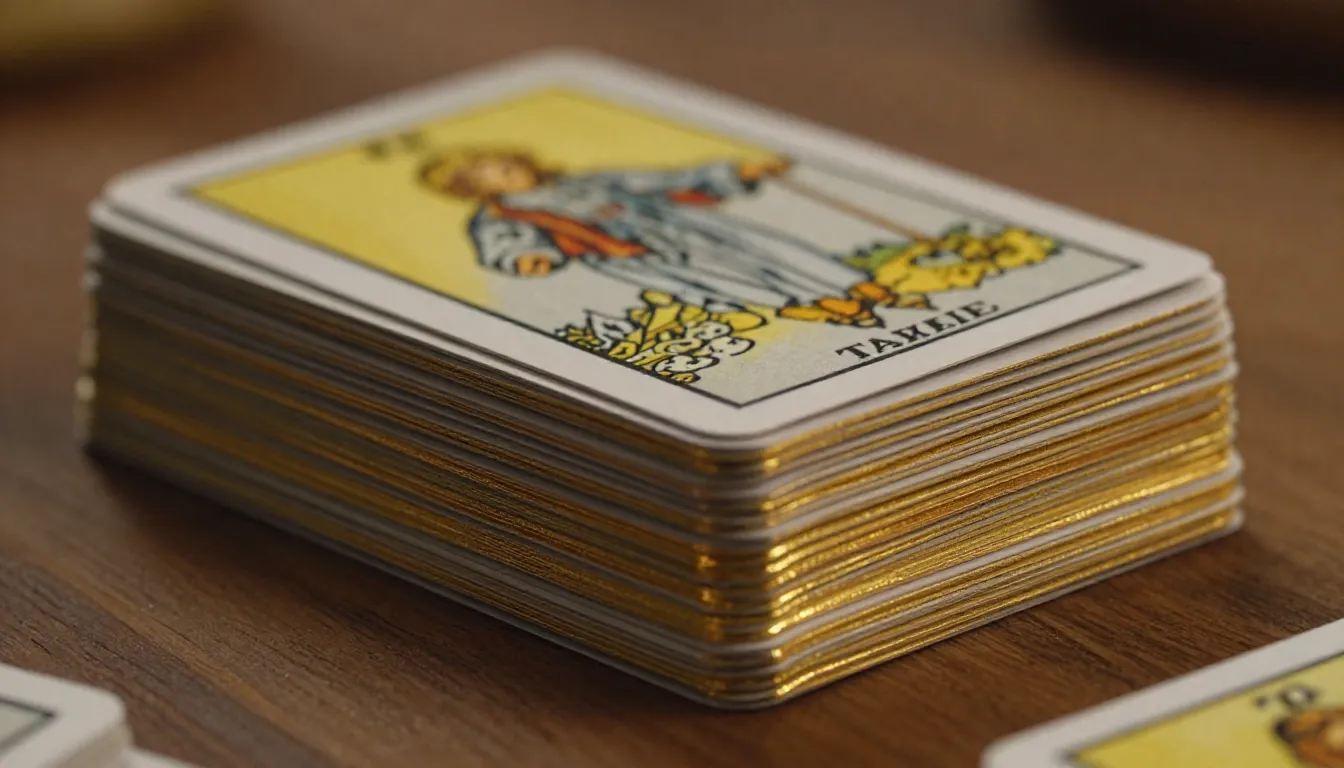 Close-up of thick high-quality Tarot cards with gold foil ed...