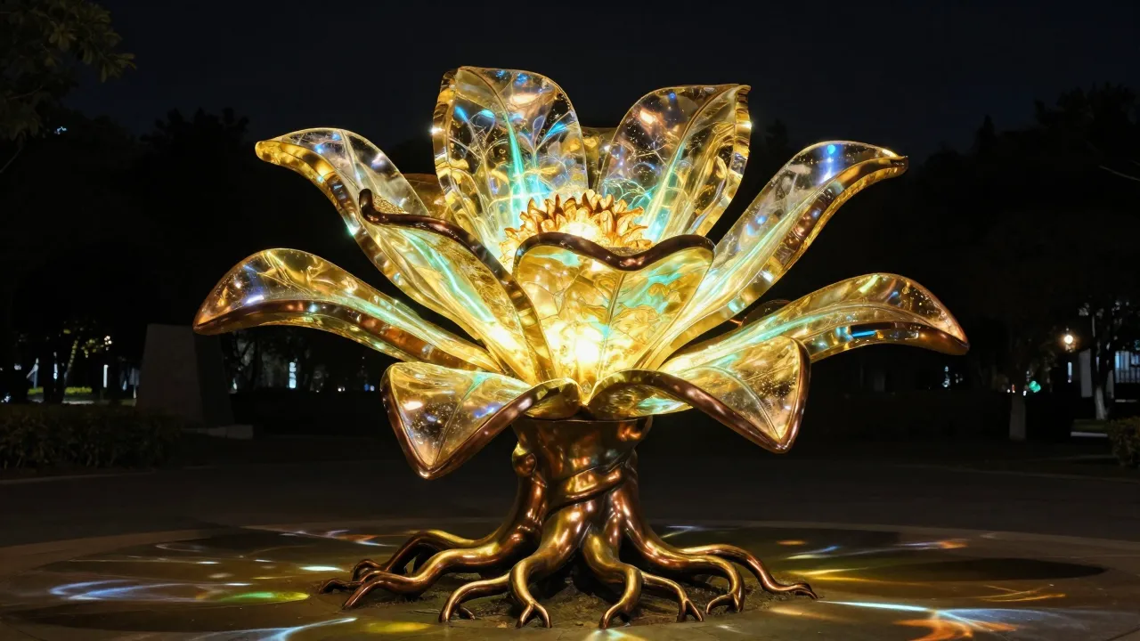 A creative outdoor monument of a surreal flower, slightly ta...