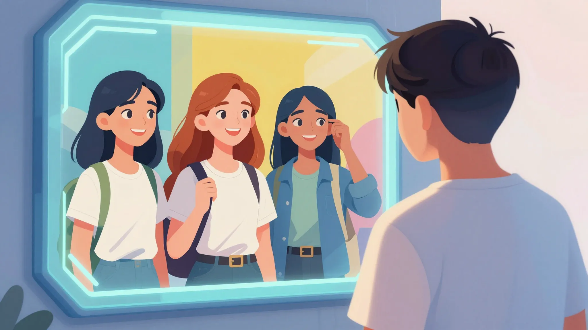 A conceptual illustration of a young person looking into a f...
