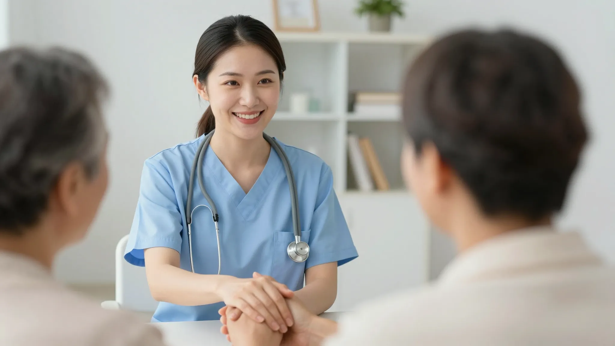 A professional female nurse in a clean uniform smiling warml...