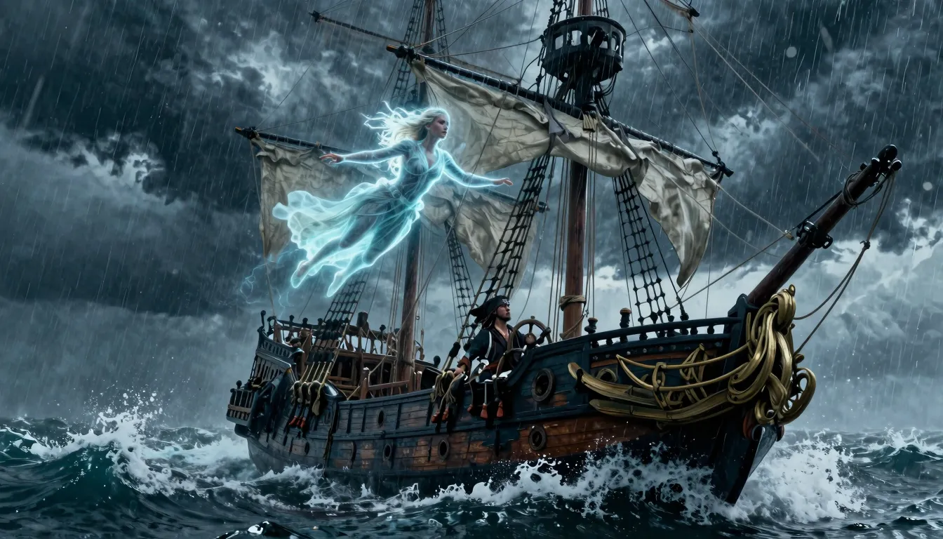A wide cinematic shot of a pirate ship in the middle of a vi...