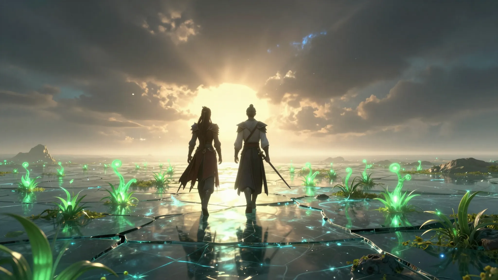 Two heroes walking towards a glowing horizon in a surreal la...