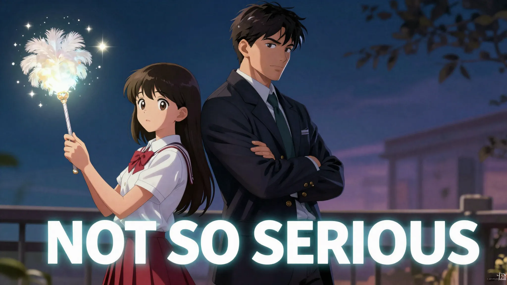 Book cover style, title 'NOT SO SERIOUS', a magical girl hol...