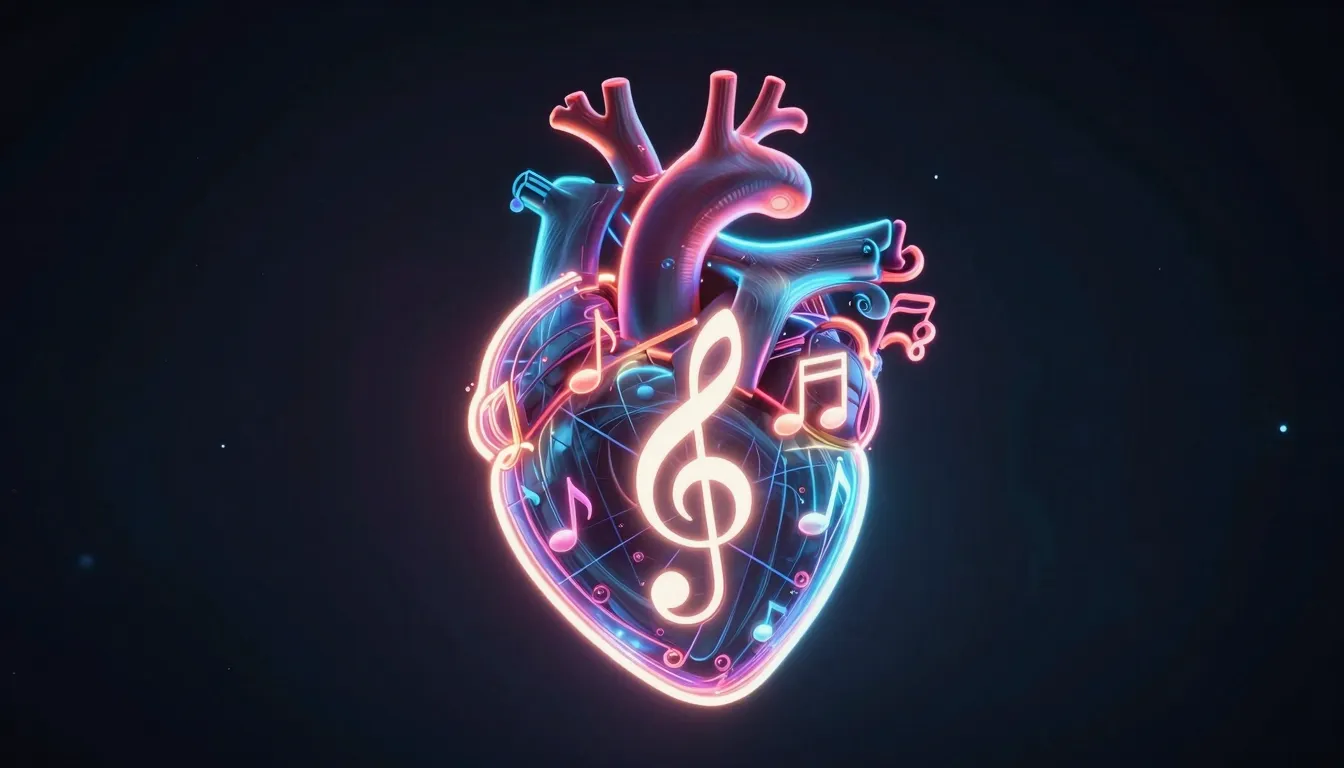 A creative concept of a human heart made of musical notes an...