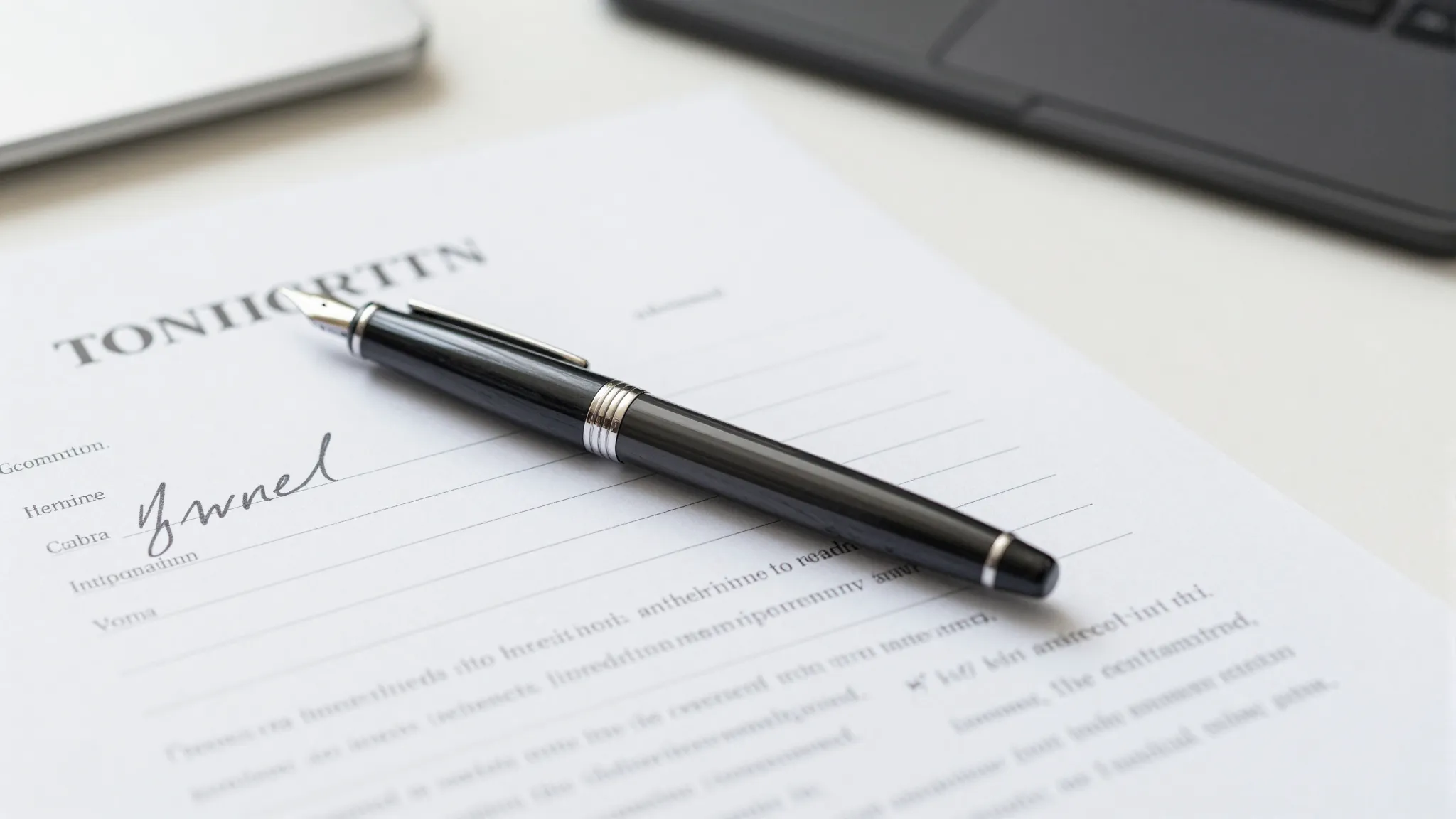 A professional close-up of a fountain pen resting on a signe...