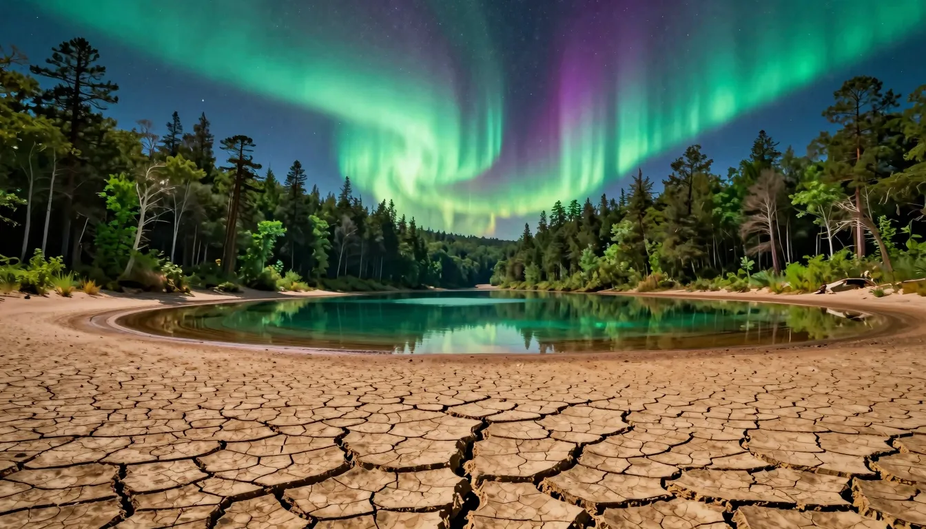 A dramatic landscape where a cracked, dry desert meets a lus...