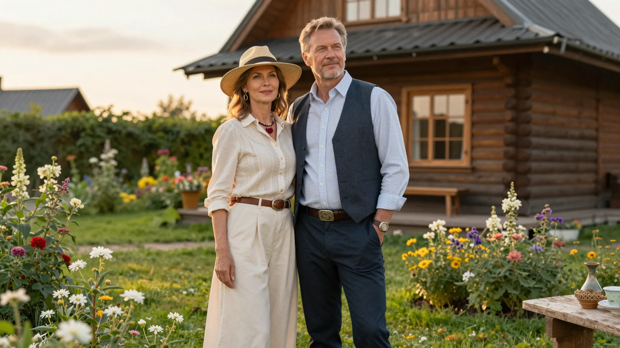 A stylish middle-aged couple, a man and a woman, dressed in ...