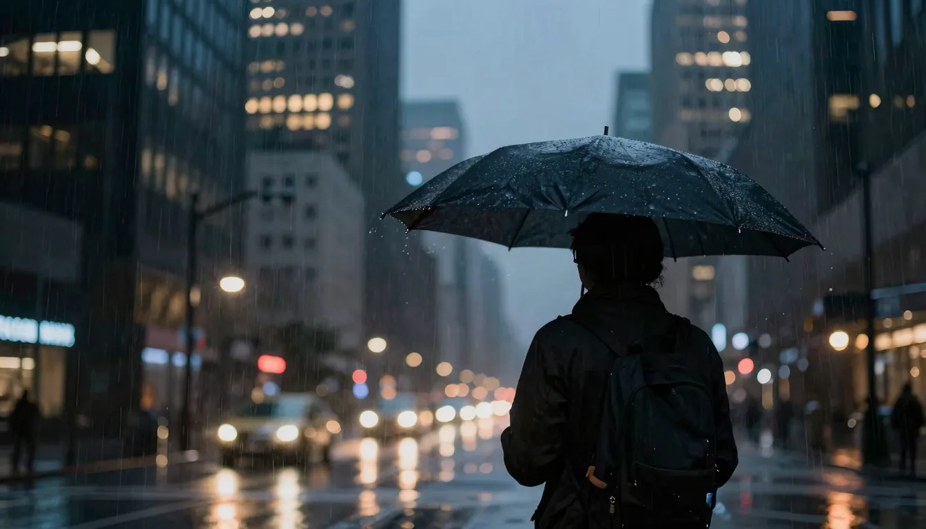 A person standing under an umbrella in a rainy city at night...