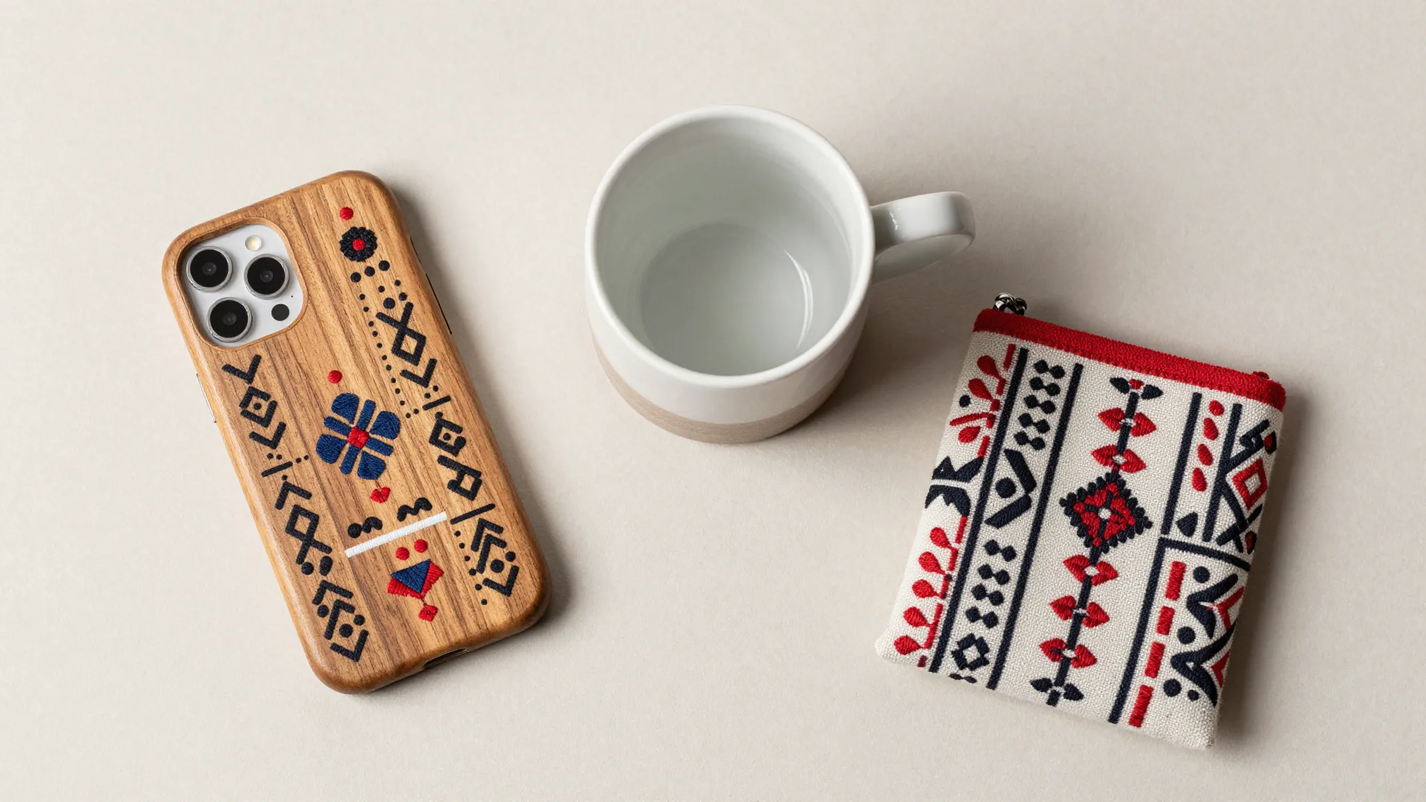 A collection of modern souvenirs with folk patterns: a woode...