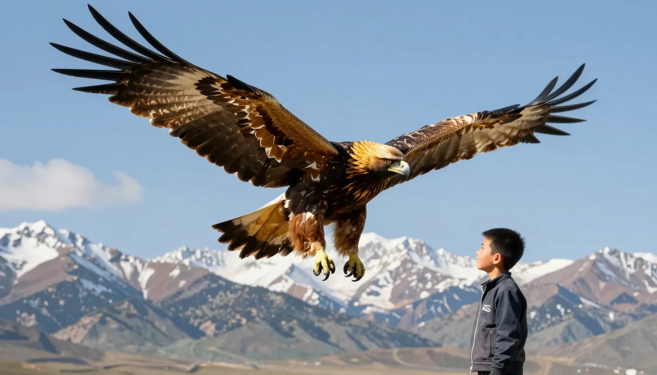 A beautiful golden eagle soaring over the high mountains of ...