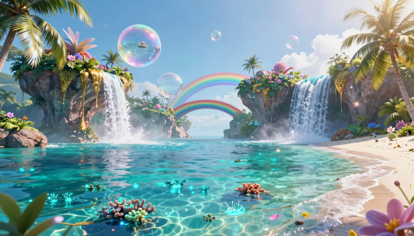 Cinematic wide shot of a paradise lagoon with crystal clear ...