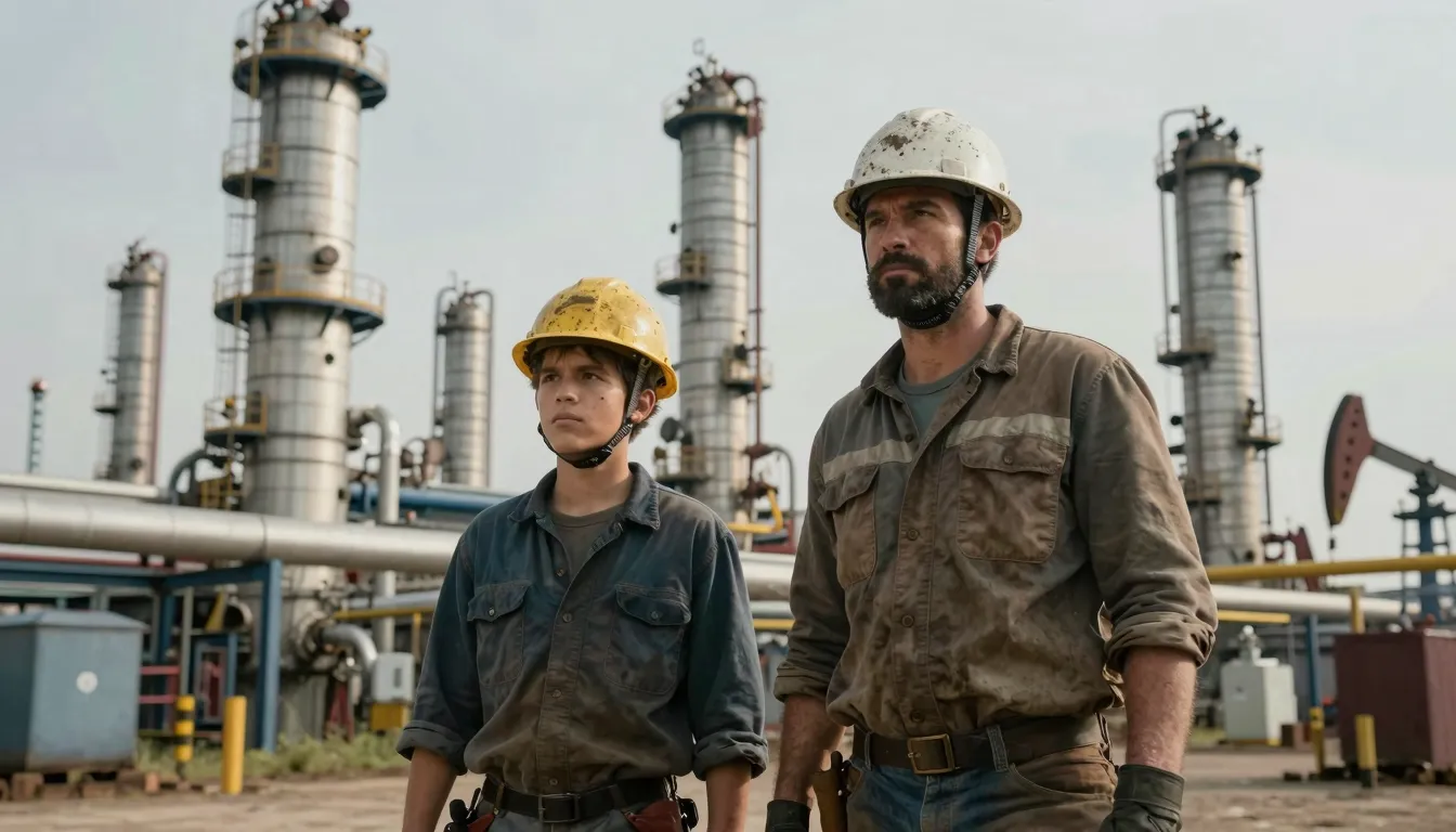 Two rugged construction workers, father and son, wearing har...