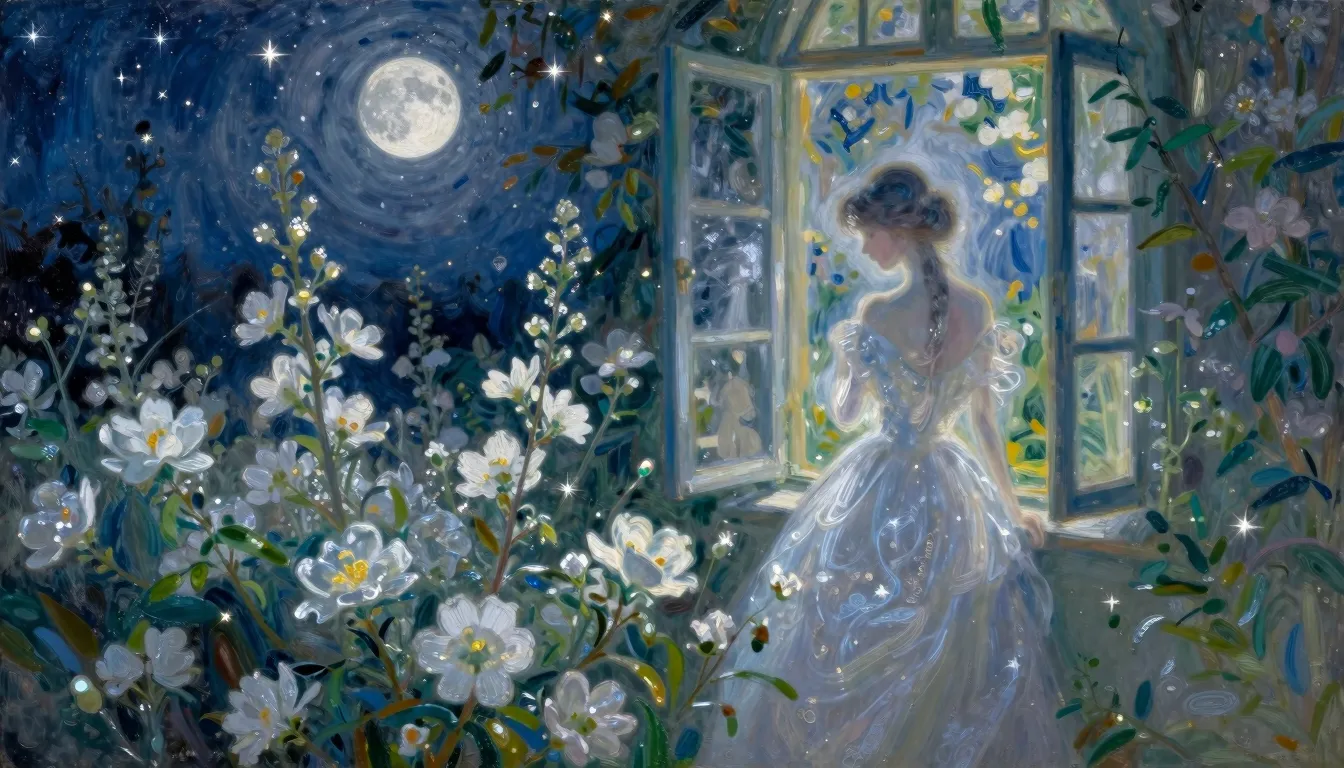 Impressionist painting of a moonlit garden at night, soft gl...