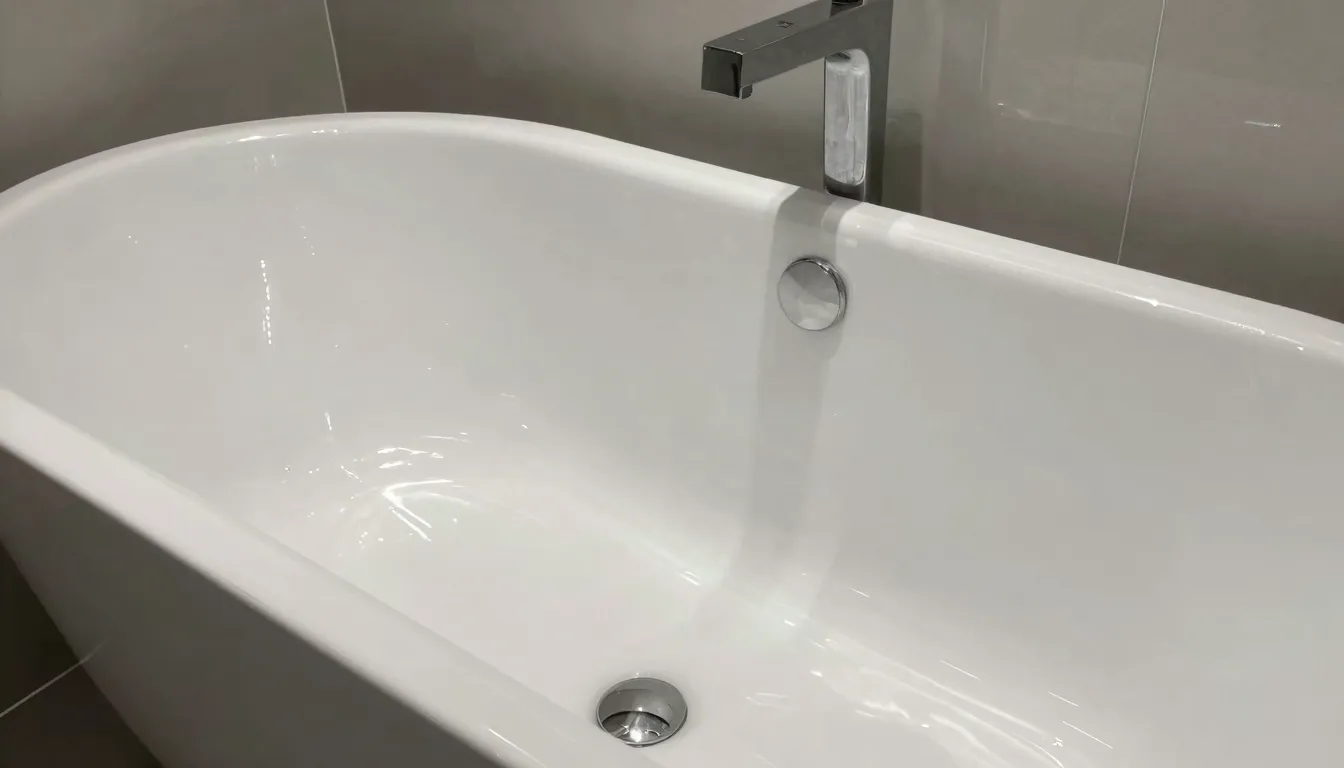 A sparkling clean, white bathtub in a modern bathroom with s...