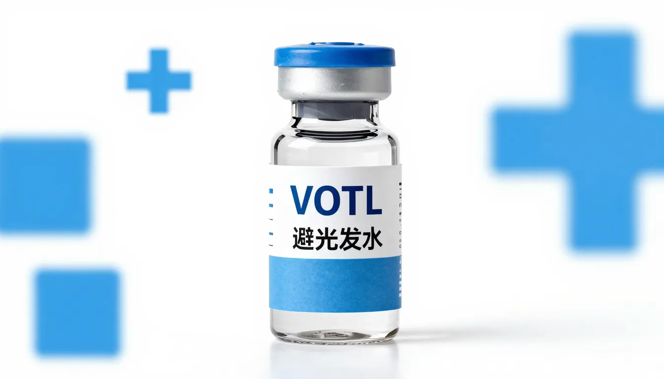 Professional product photography of a veterinary vial, clean...