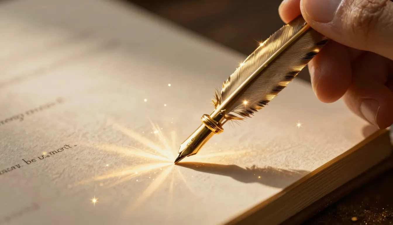 A beautiful golden quill pen writing on a glowing parchment ...