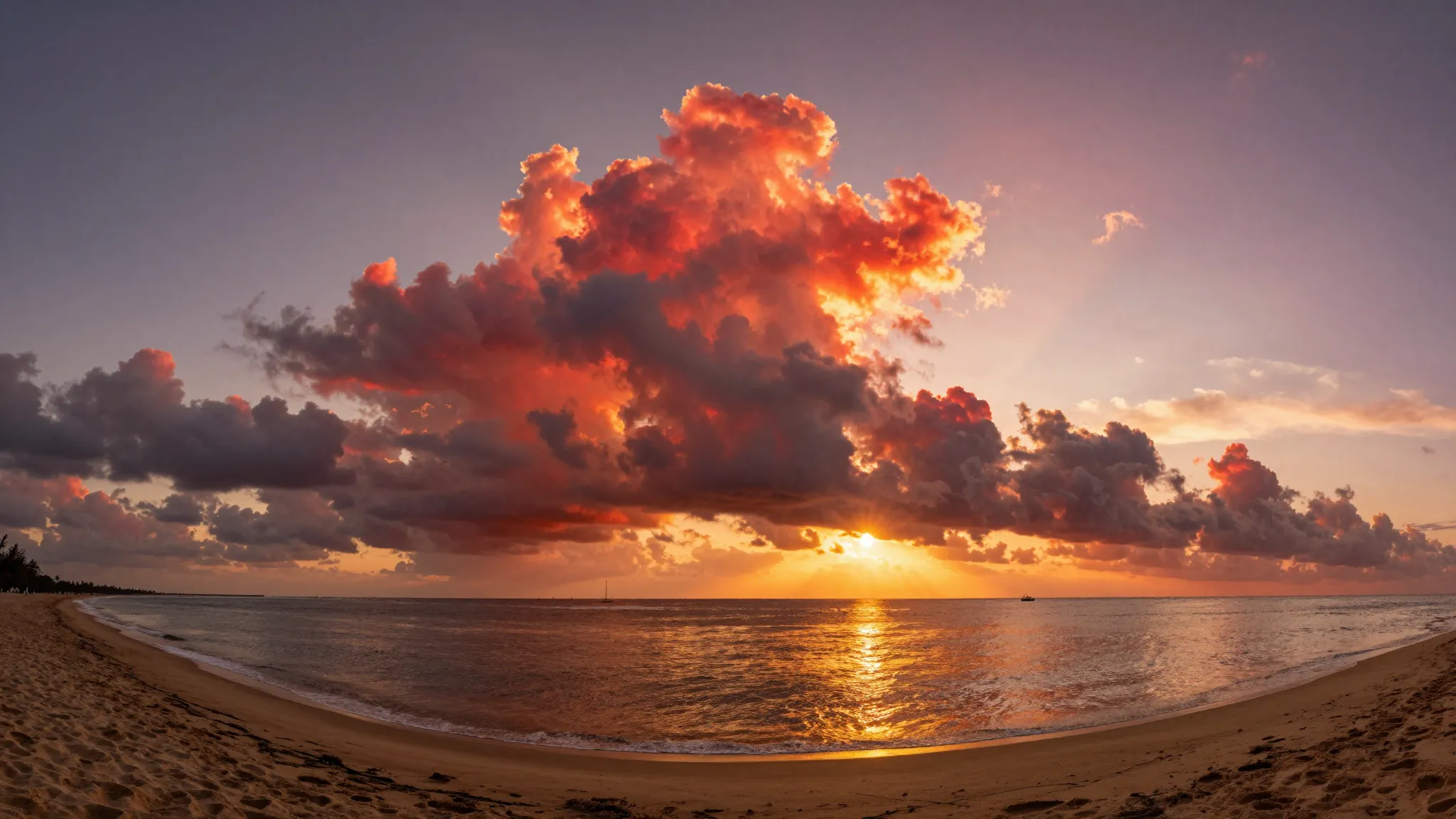 Dramatic sunset over a sandy beach with massive fluffy cumul...