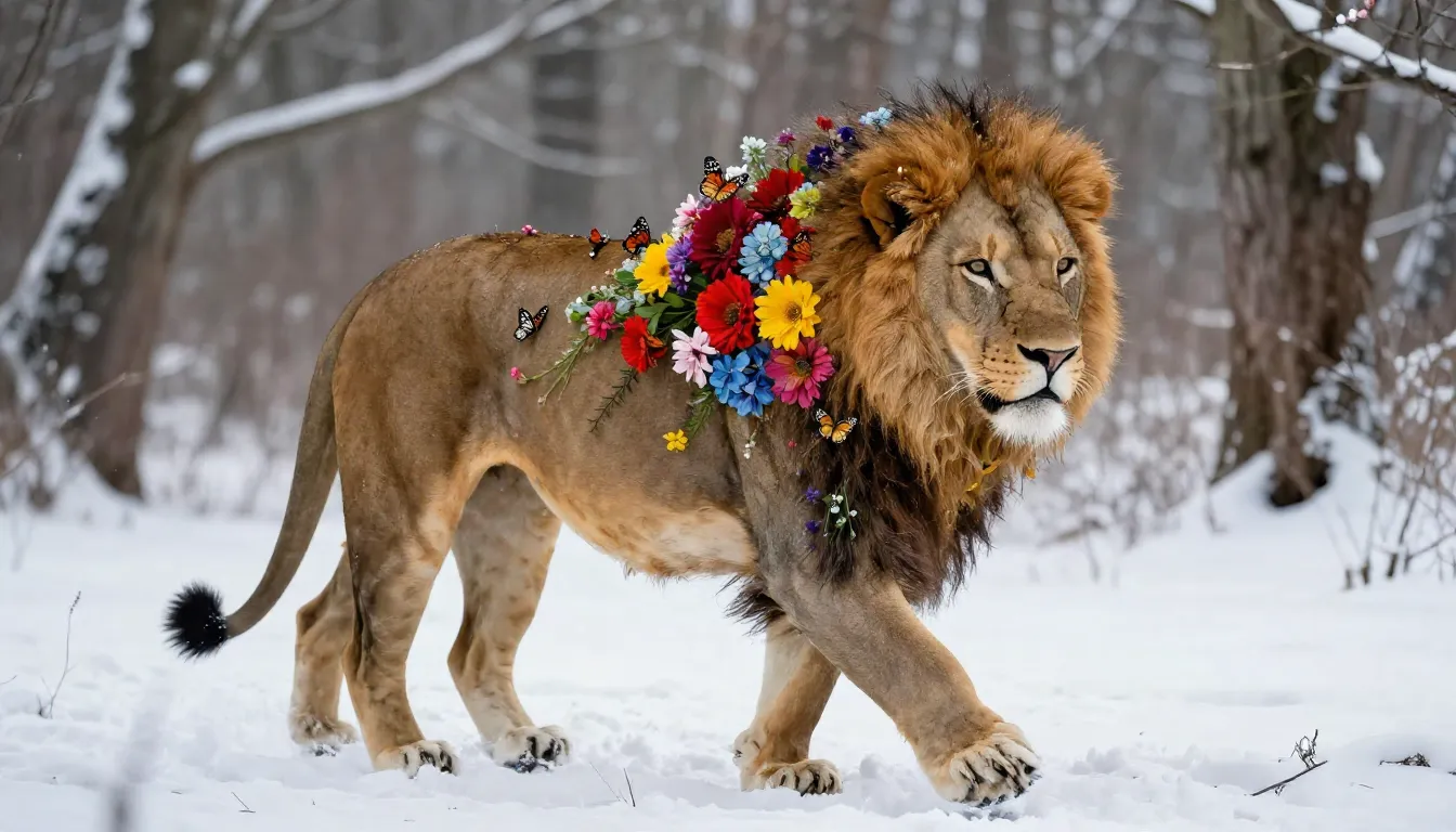 A majestic lion walking through a snowy winter forest, its m...