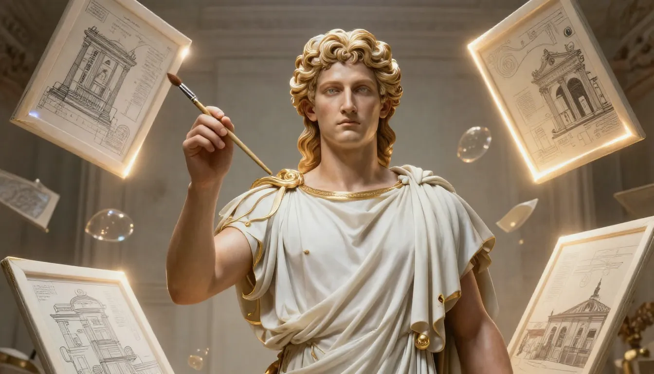 A majestic Greek god Apollo holding a golden paintbrush, sur...