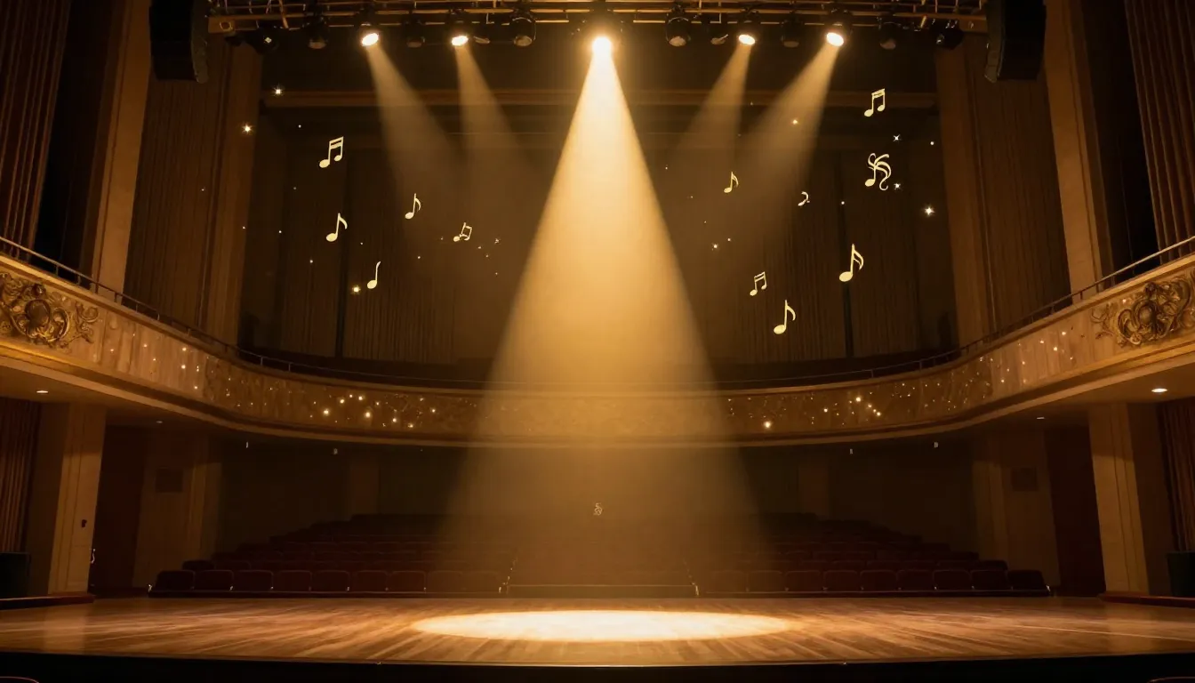 A majestic concert hall stage with a single golden spotlight...