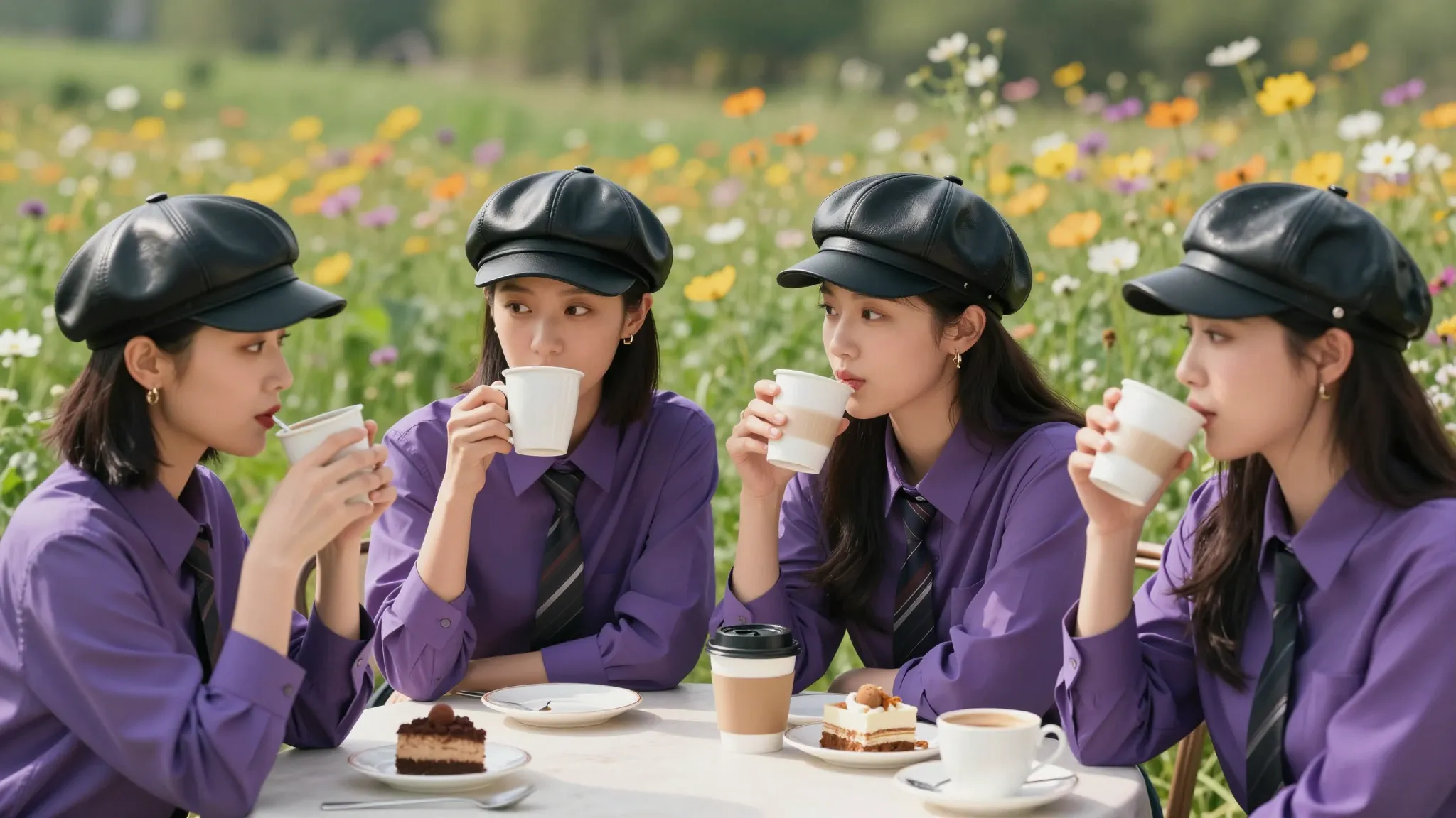 Five beautiful Chinese women sitting at a table in a bloomin...