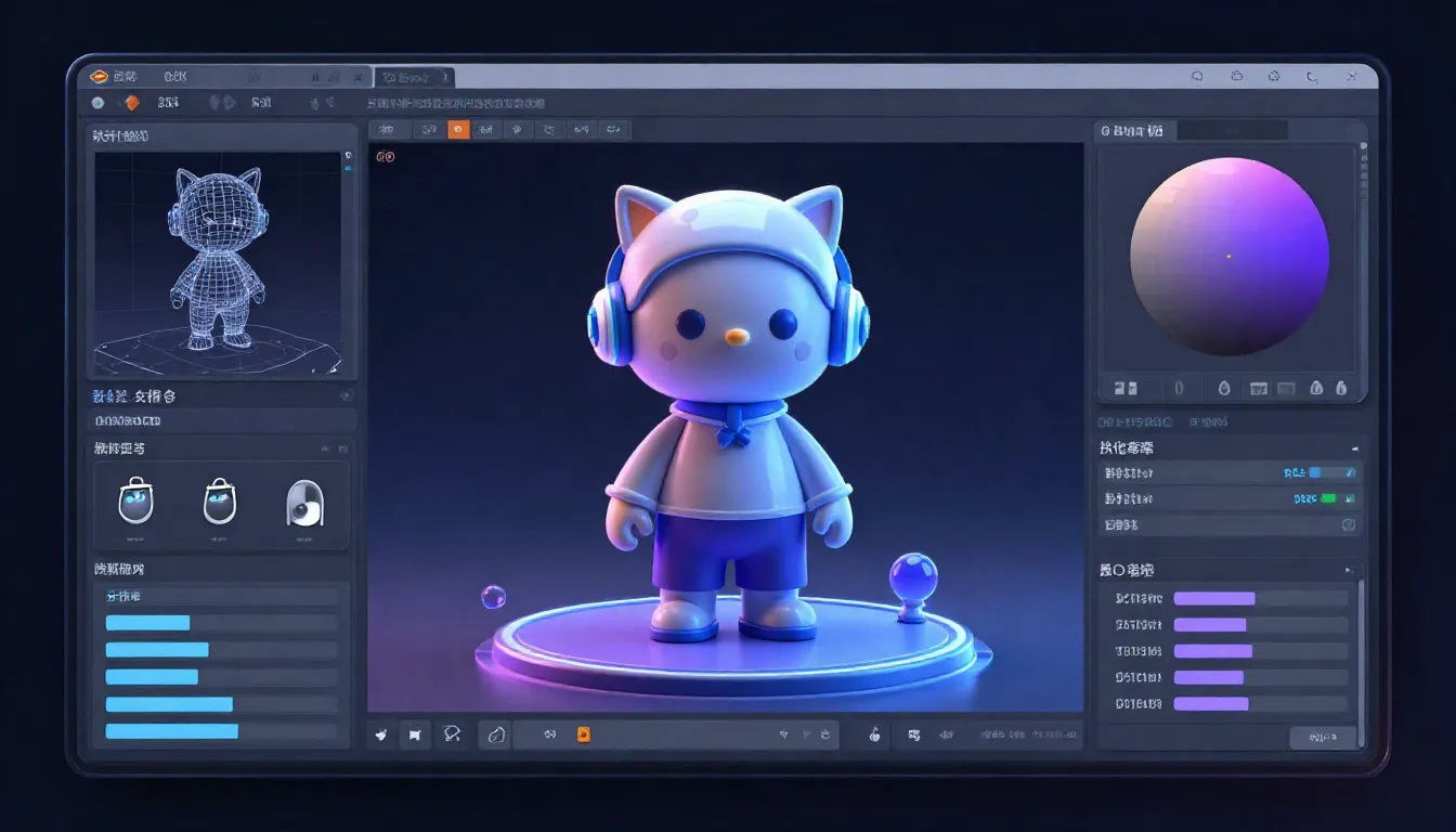 A futuristic 3D rendering software interface with various to...