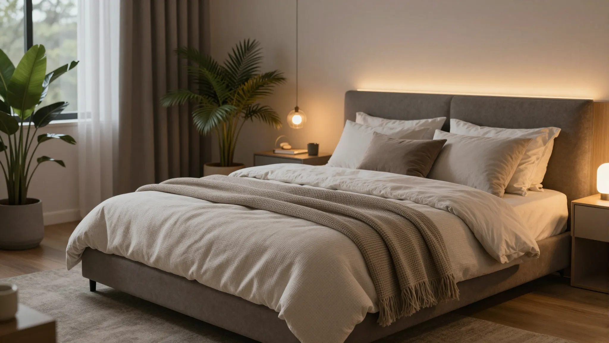 Cozy modern bedroom interior with weighted blanket, smart li...