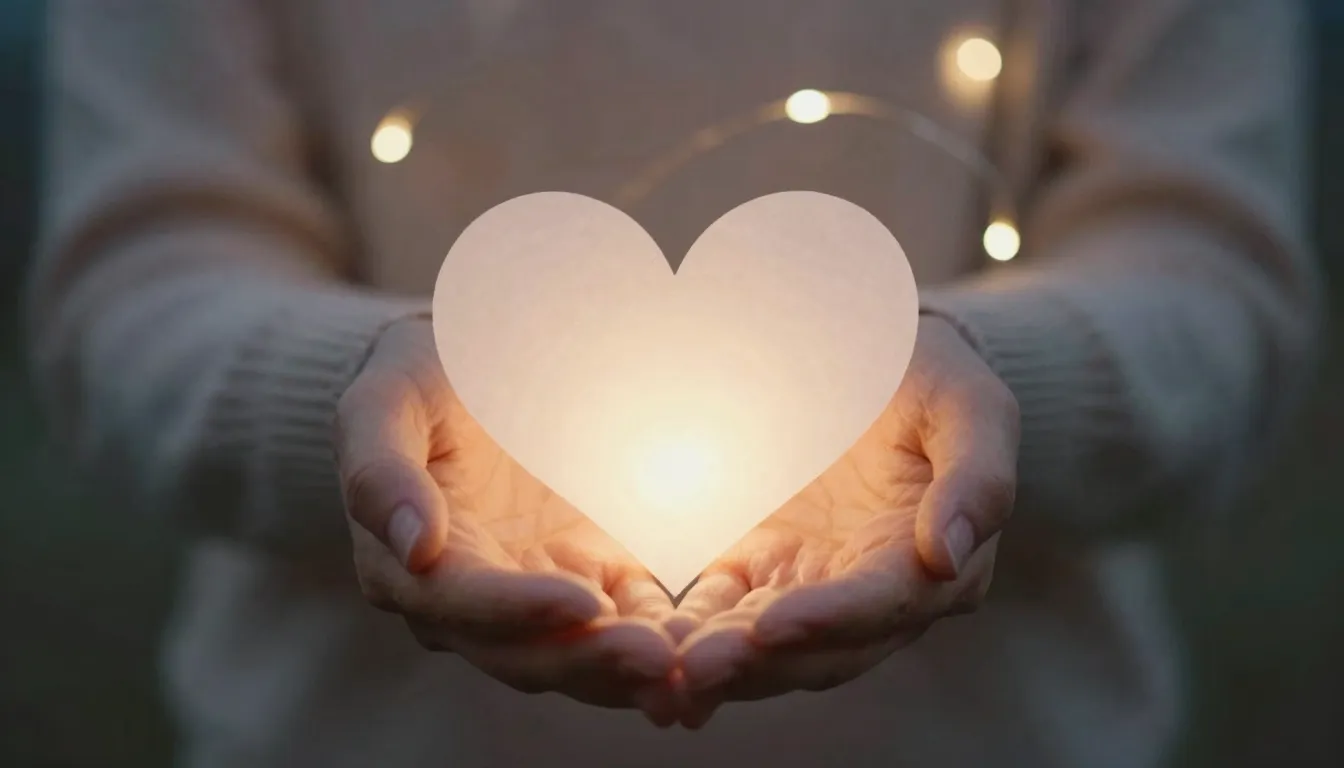 A delicate pair of hands holding a glowing paper heart, soft...