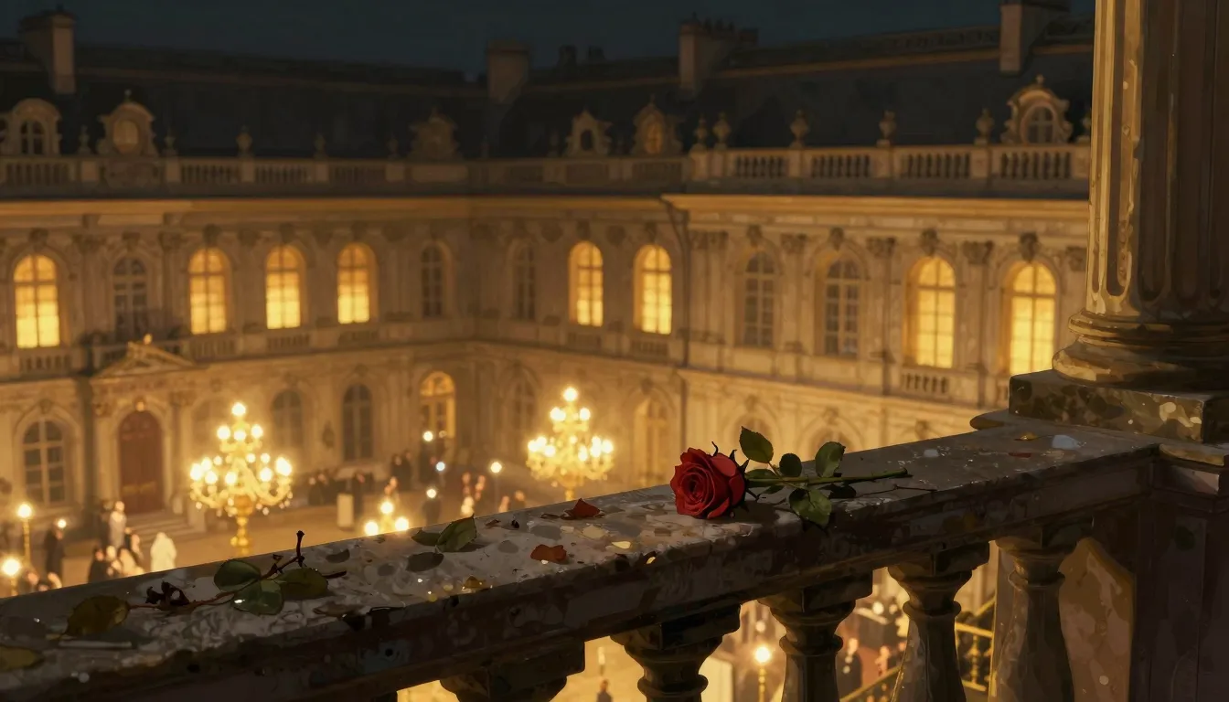 Detailed illustration of a royal palace balcony at night, go...