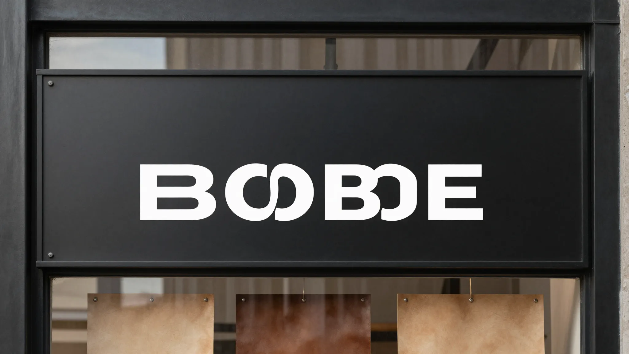 Minimalist storefront sign mockup, industrial style, clean b...