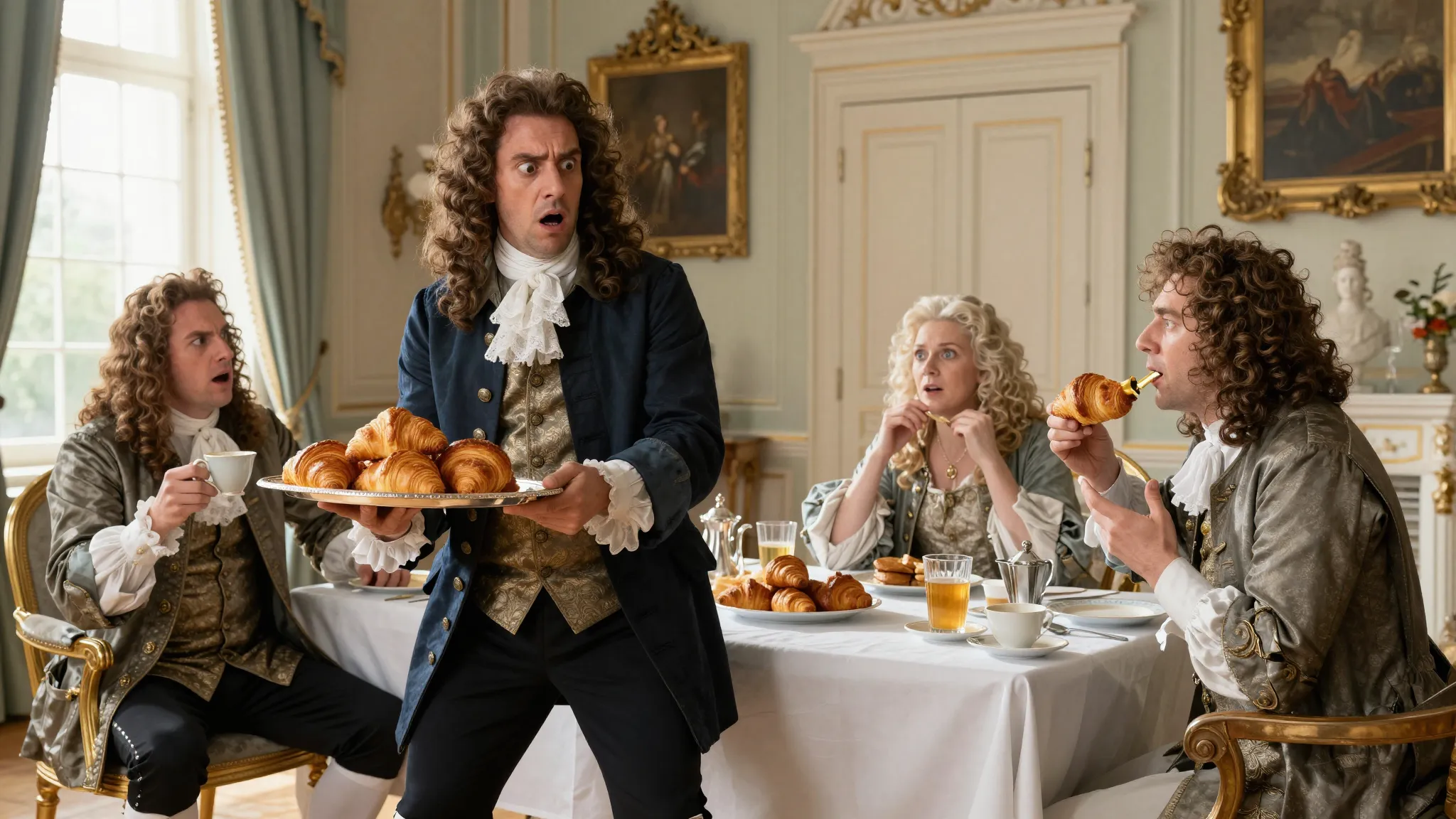 A humorous 17th-century scene in a French chateau. A shocked...
