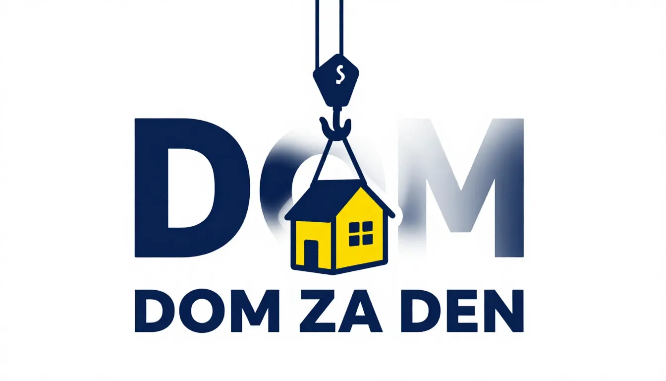 Logo for 'DOM ZA DEN', a stylized crane hook gently lowering...