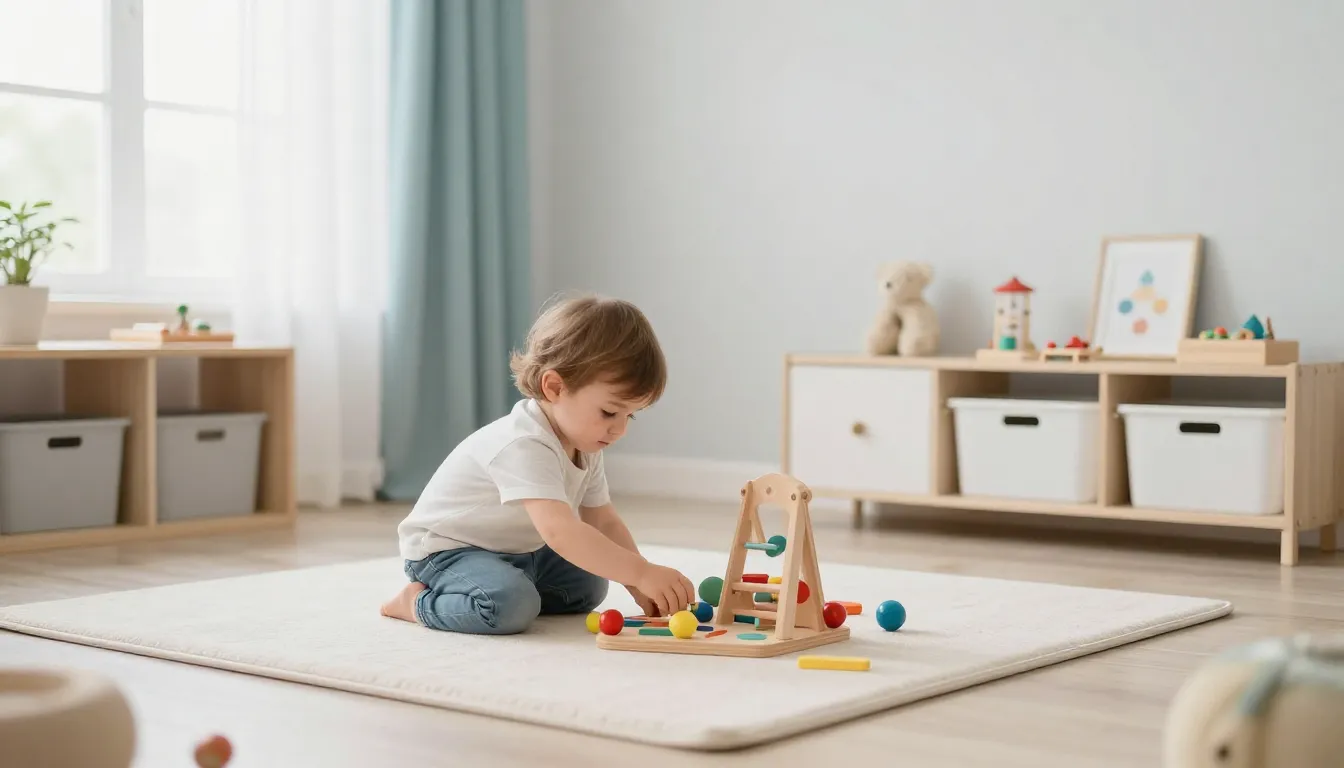 A cozy and bright playroom for toddlers, wooden educational ...