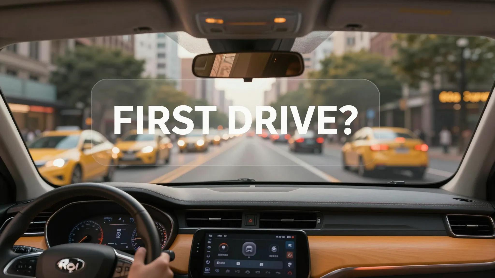 A modern car dashboard view from the driver's perspective lo...