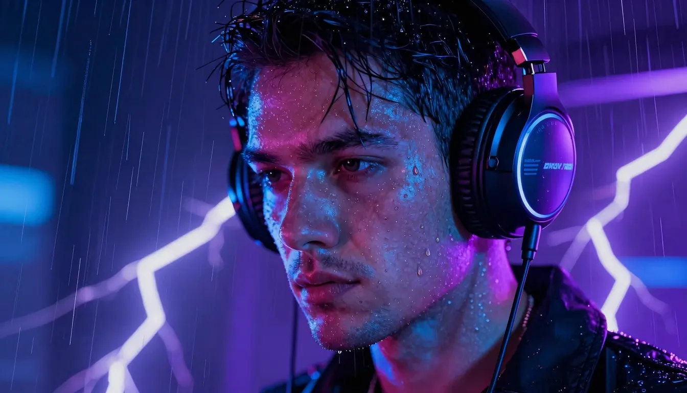 A cinematic close-up portrait of a mysterious DJ wearing fut...