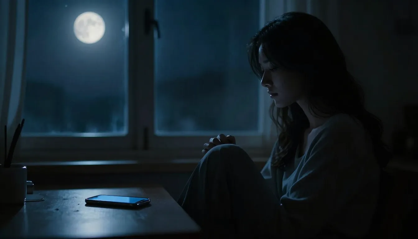 A silhouette of a woman sitting by a window at night, soft m...