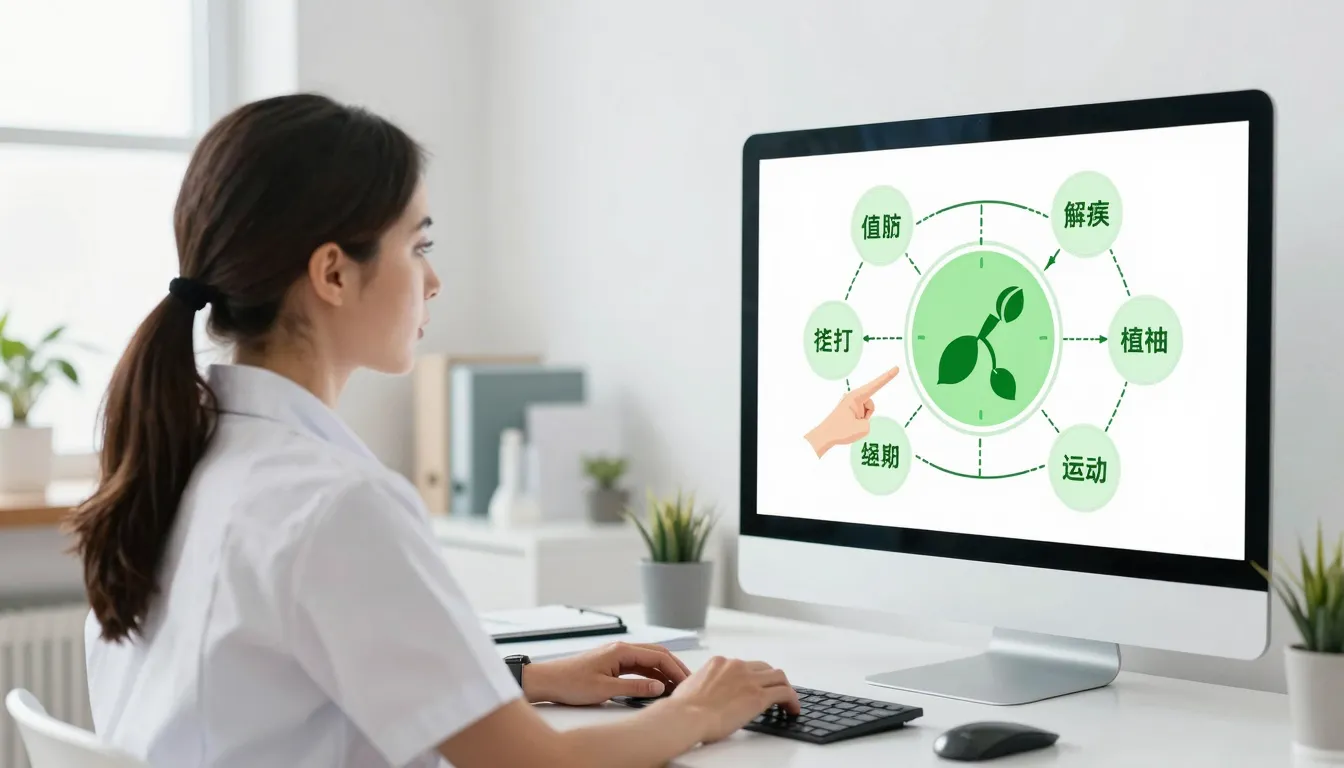 A professional nutritionist pointing at a digital screen sho...